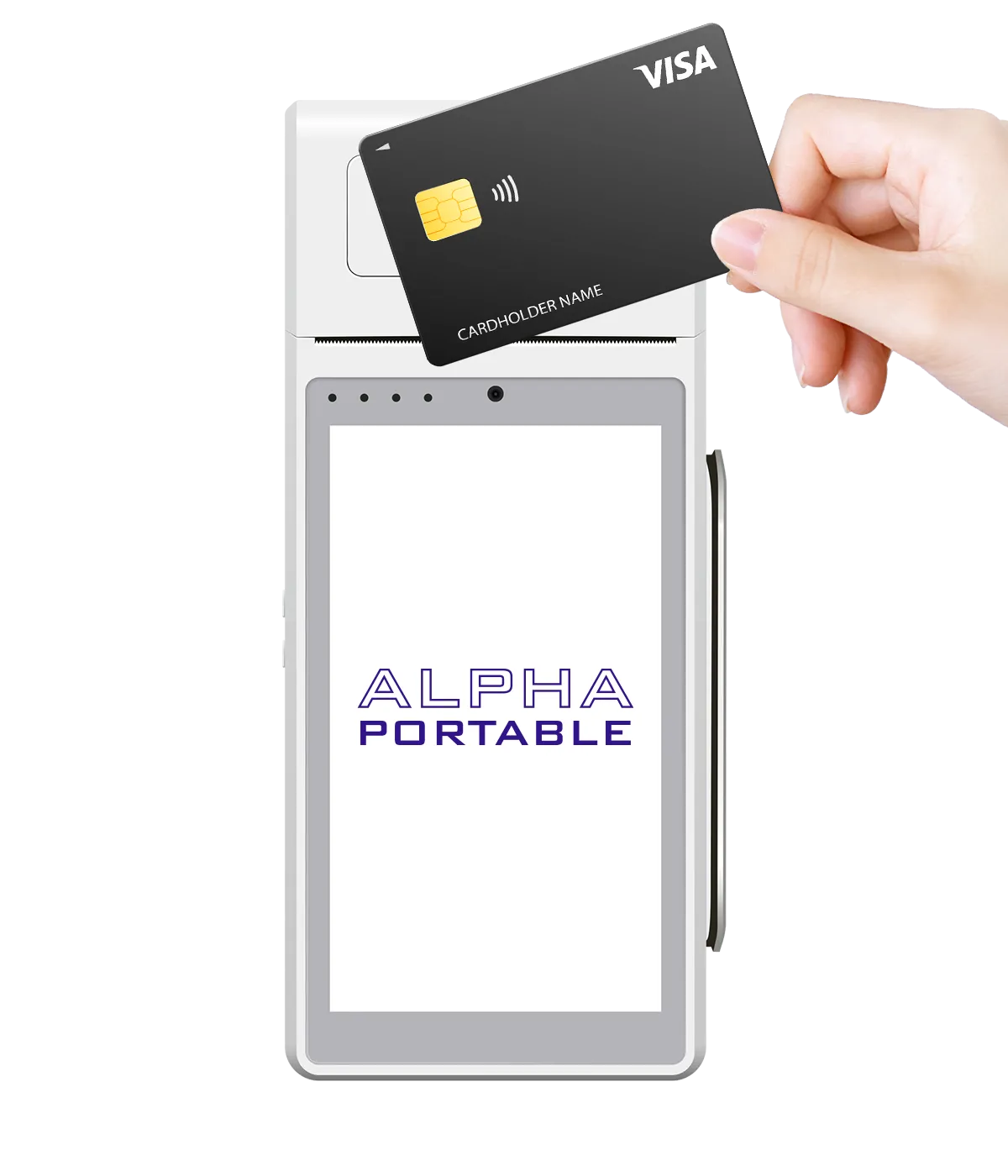 アルファノートの決済端末（ALPHA PORTABLE）でクレジットカード決済を行う様子