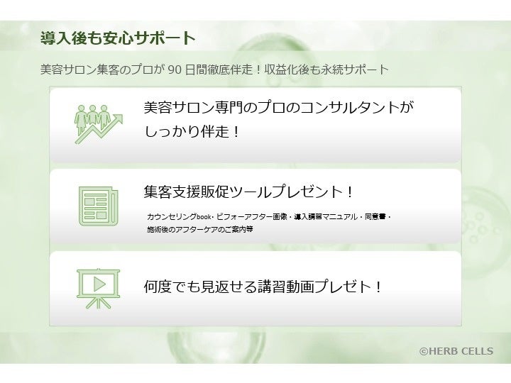 導入後からすぐにメニューとしてご提案できるよう伴走サポートします。 HERBCELLS導入後のサロン向け伴走サポートの様子