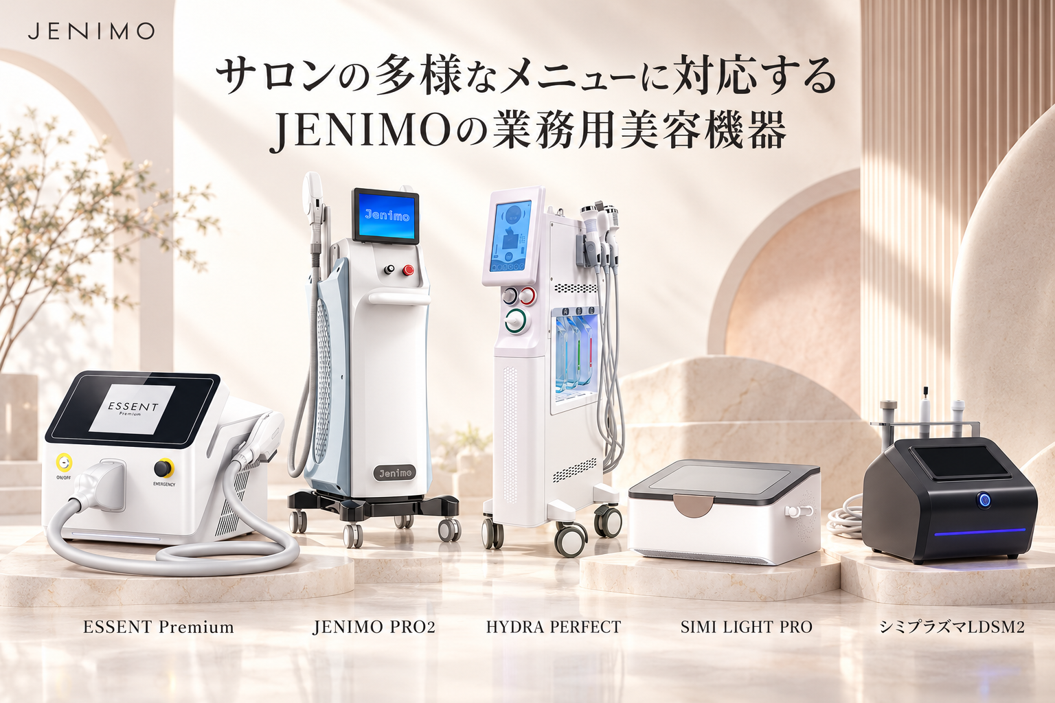 JENIMOの業務用美容機器ラインナップ ESSENT Premium JENIMO PRO2 HYDRA PERFECT SIMI LIGHT PRO シミプラズマLDSM2